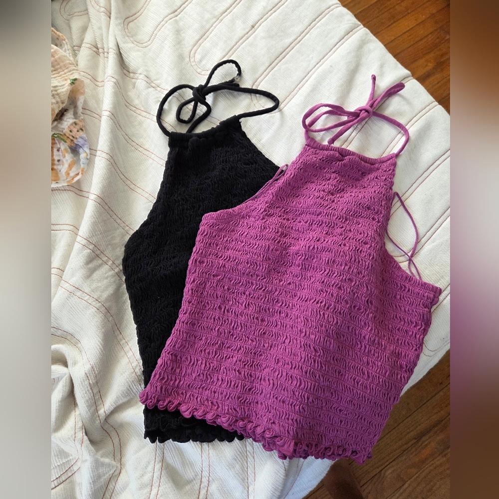 Old Navy Black and Purple Textured Halter Tops
